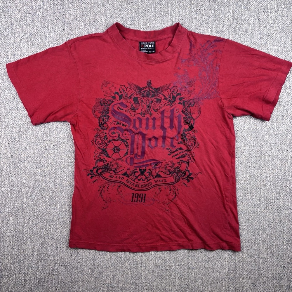 South Pole Red Graphic T-Shirt Crown Crest Streetwear Y2K Mens M 12-14